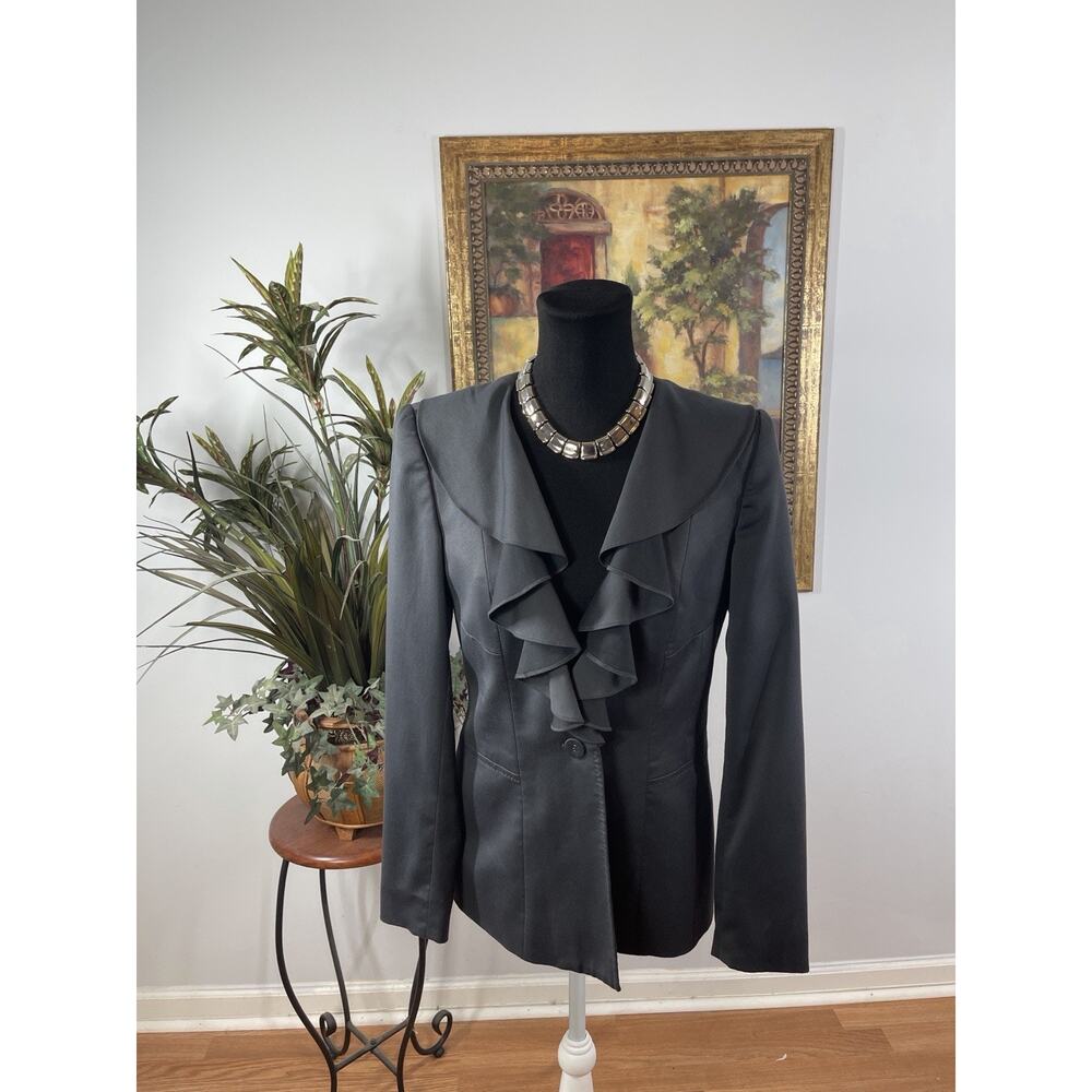 AK Anne Klein Women 6 Gray One-Button Cover Lapel Shawl Ruffle Jacket Gray Lined